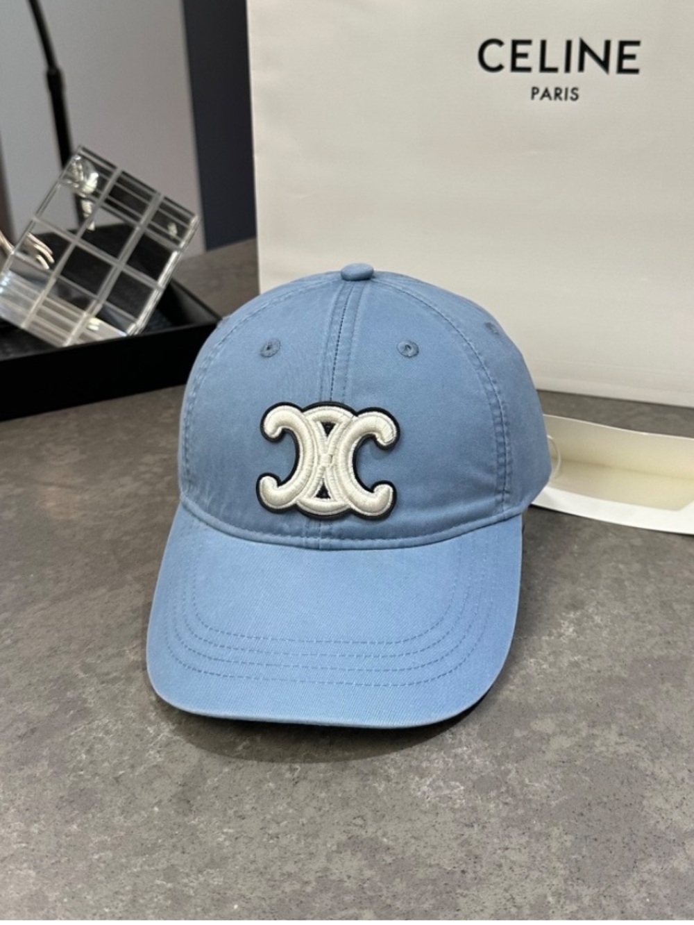 Celine. Light Blue Triomphe. Embroidered Logo Baseball Hap Cap